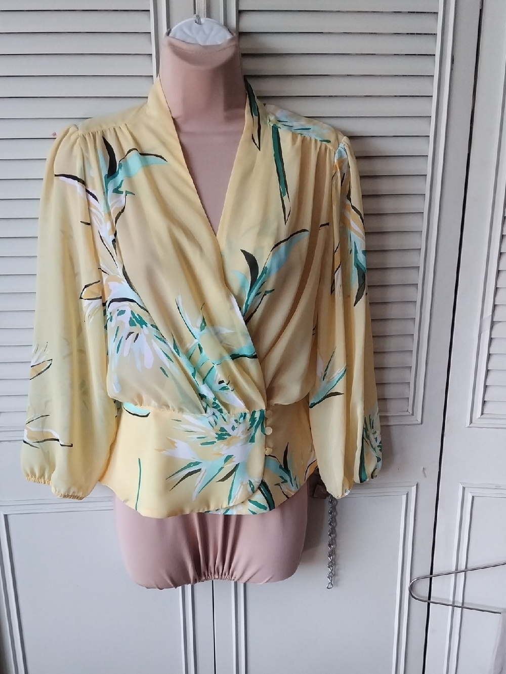 eva mendes for New York & Company Pale Yellow Floral Wrap Blouse